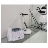 GE desk phone and articulating desk lamp