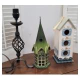 Iron lamp, birdhouse, & metal church candle light