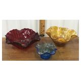 3 pretty Art glass bowls- red, iridescent gold &