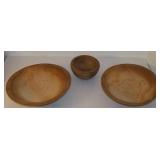 3 Vintage Primitive Wooden Bowls 9 1/2" 9 1/4" 4