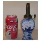 Antique Victorian Delft Porcelain Oil Lamp w/