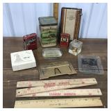 Advertising tins, rulers, plate, paper weights