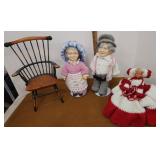 Dolls with handmade clothes and doll chair