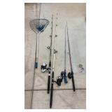 L3 6pc (4) Fishing Poles, Net, Lures,