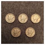 MC 5PC 1944-1945 Mercury dimes SILVER