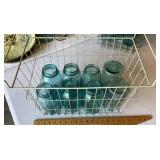 8 blue canning jars & wire freezer basket