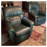 Pair of La-Z-Boy green leather recliners