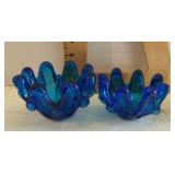 2 Blue art glass bowls