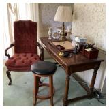 Desk, armchair, stool & contents