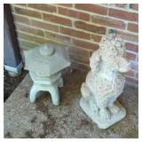 Cement poodle and pagoda garden decor