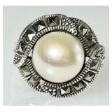 Sterling silver real pearl and marcasite ring