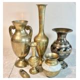 5 solid brass vases and shoe ashtray