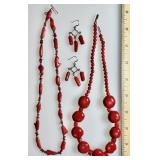 2 red coral necklaces and earrings