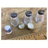 3 tiny shakers, porcelain thimble, egg trinket box