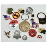 Assorted pins, buttons, key rings