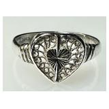 Sterling silver filigree heart ring made in