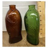 2 brown & green Wheaton Glass fish bitters bottles