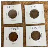 4 wheat pennies 1910-1939