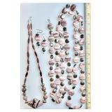 2 rhodonite and pearl necklaces & earrings