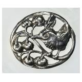 Large sterling bird and cherries brooch