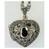 Sterling marcasite/onyx heart locket necklace