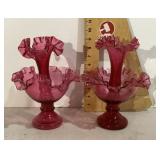 Pair of one-horn cranberry glass epergnes