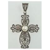 Sterling silver filigree and pearl cross pendant