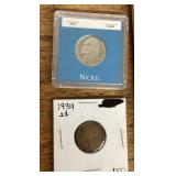 2003S nickel, 1934 wheat penny