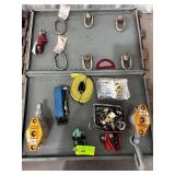 PALLET OF VARIUOS TYPES OF RIGGING:SHACKLES,EYEBOLTS,D-RINGS,PULLEYS, STRAPPING , ETC.