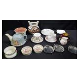 Group of teacups, saucers, tea pot native signed