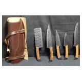 Damascus cutlery in leather roll up case, 5 knives