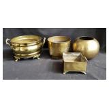 Box of brass vases and pot holder