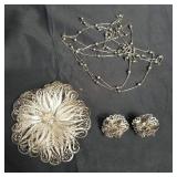 Sterling silver brooch, earrings, and necklace
