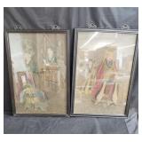 Pair of Asian mixed media art in frames