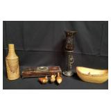 Box of candle holder, wood bowl and bird