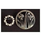 Pearl & sterling pin & floral sterling pin PB