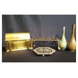 Box of brass trays, box, and urns