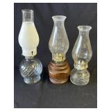 Group of 3 vintage glass & wood oil lamps