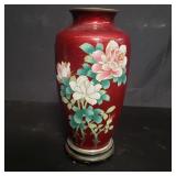 Vintage enameled floral vase on wood base