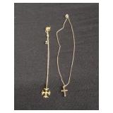 Pair of gold cross and chain necklaces. One 10kt