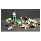 Collection of frogs, art glass, ceramic, brass