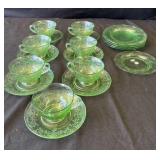 Group of VTG green depression glass cups & saucers