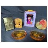 Matchbox, vintage amber glass trinket trays,