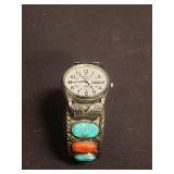 Sterling silver and coral, turquoise, cuff watch