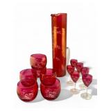 Mid Century 13pc etched ruby flash cocktail