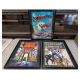 Three framed Marvel / DC comic book pop art