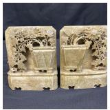 Vintage Chinese floral carved soapstone bookends