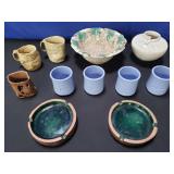 Group of pottery cups, bowl, vase, ashtray