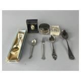 830 Silver Spoons, Thimble, Necklace & Powder Cup