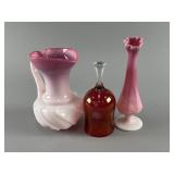 Pink Milk Glass Vases & Red Glass Bell